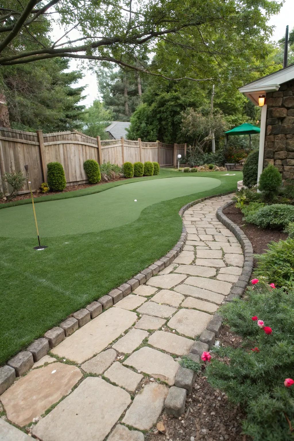 A stone pathway adds charm to your putting green.