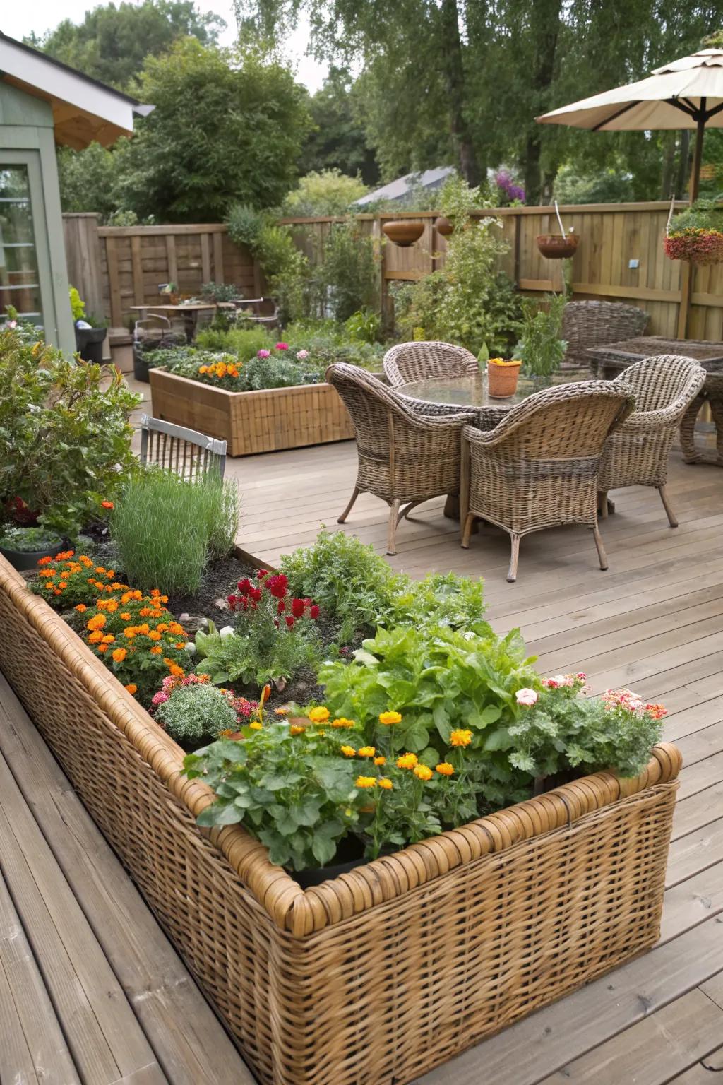 Wicker-walled beds provide a charming, rustic aesthetic.