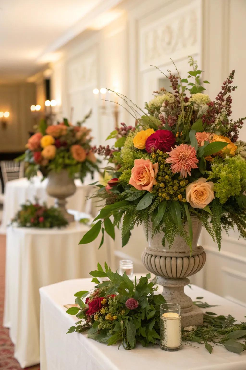 Floral centerpieces bring life and color to the tables.