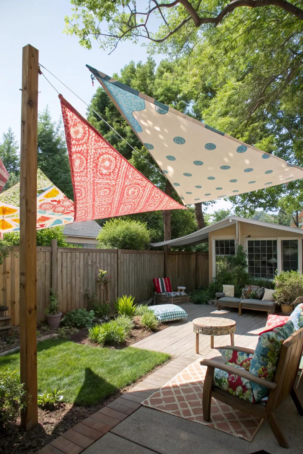 Homemade DIY sail shades adding a personal touch to a backyard.