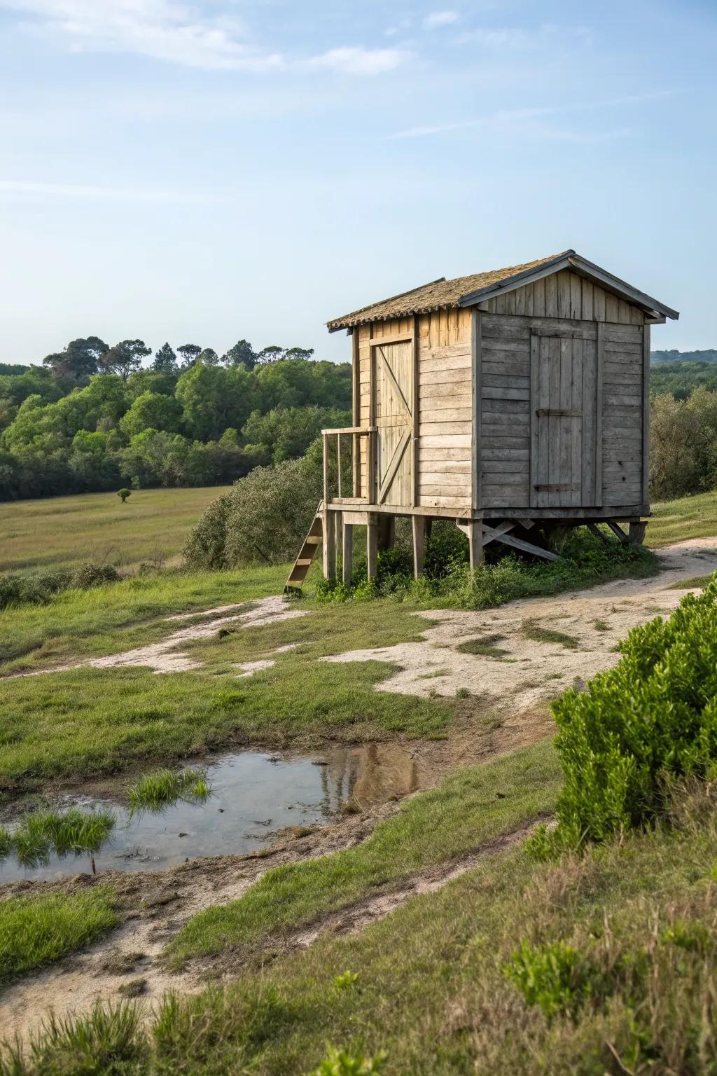 A shed wisely placed on higher ground to prevent water damage.