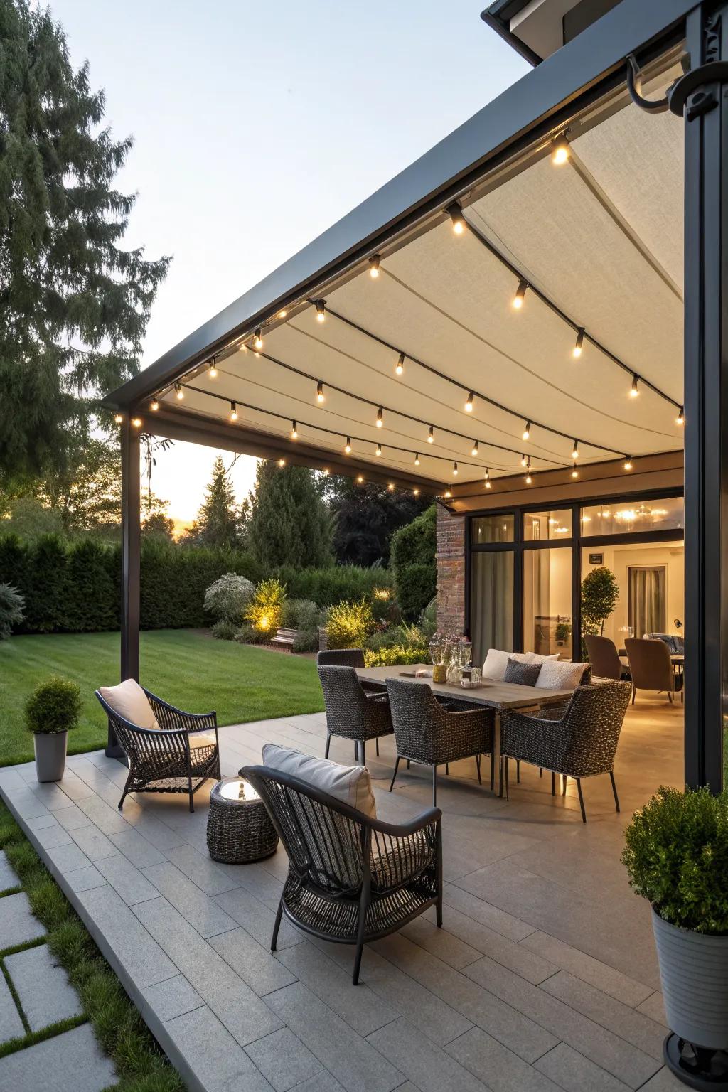A retractable canopy offers flexible sun and shade options.
