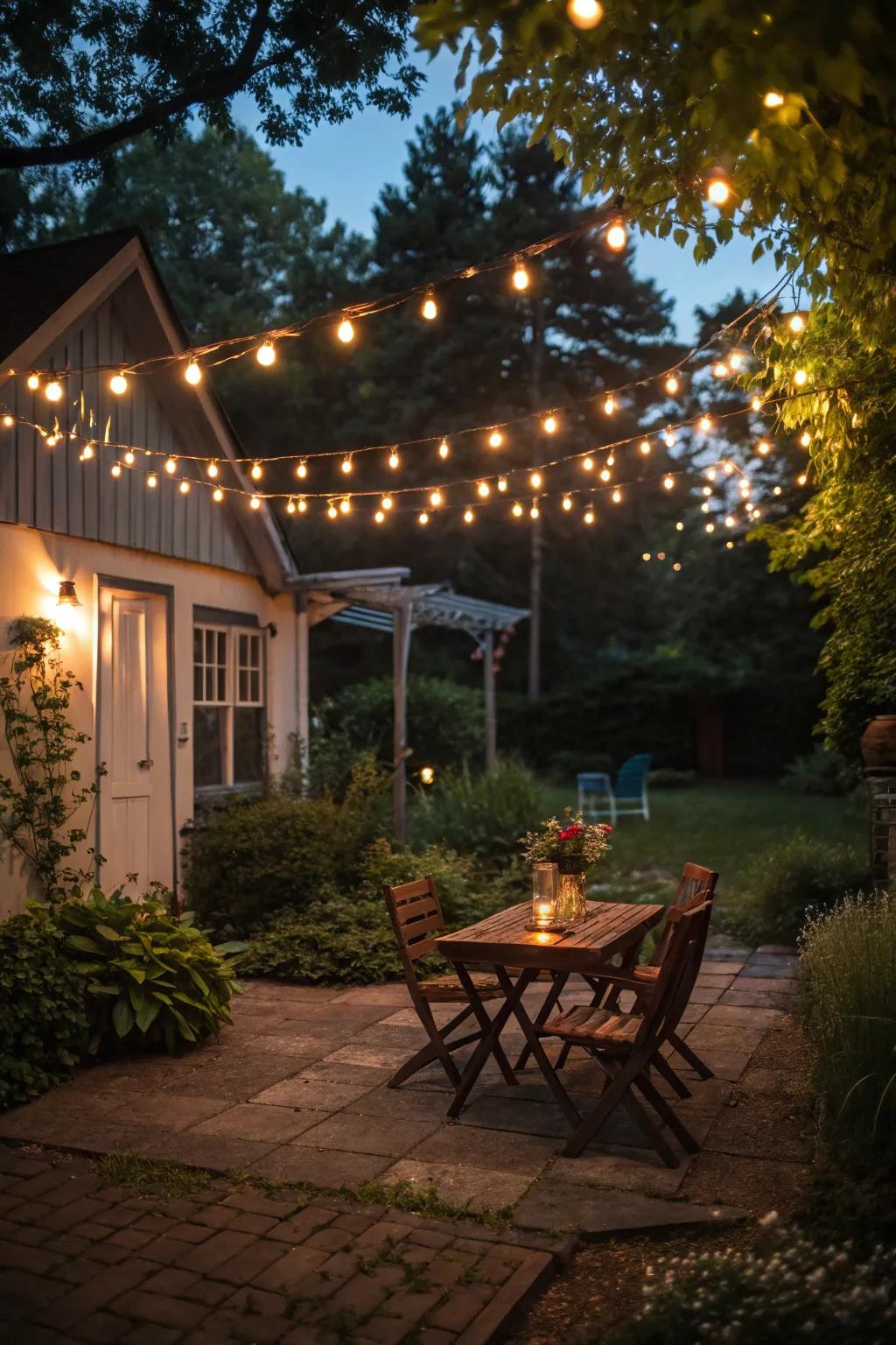Create a magical ambiance with string lights on your patio.
