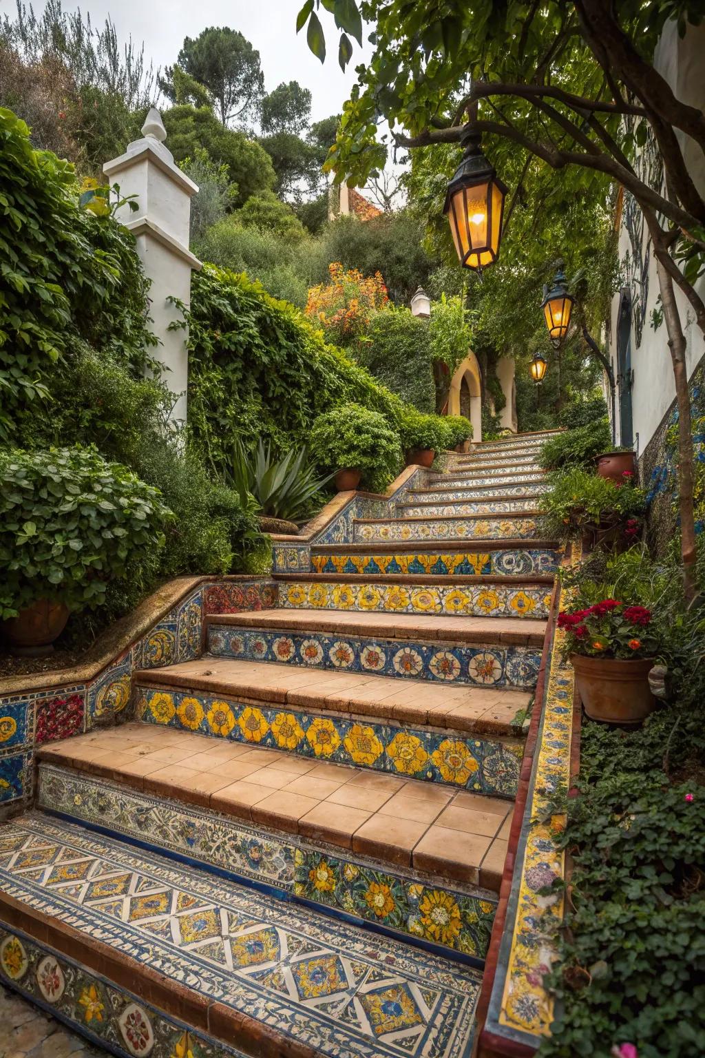 Colorful tiles add lively accents to pathways and steps.