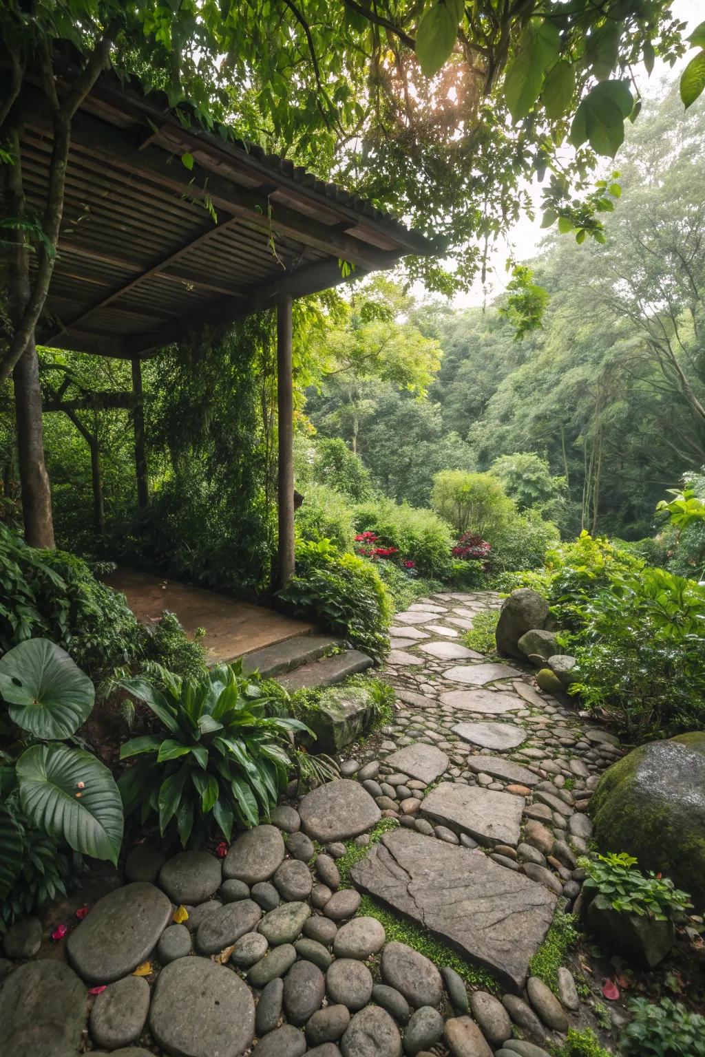 Lush greenery frames this stone patio, creating a serene escape.