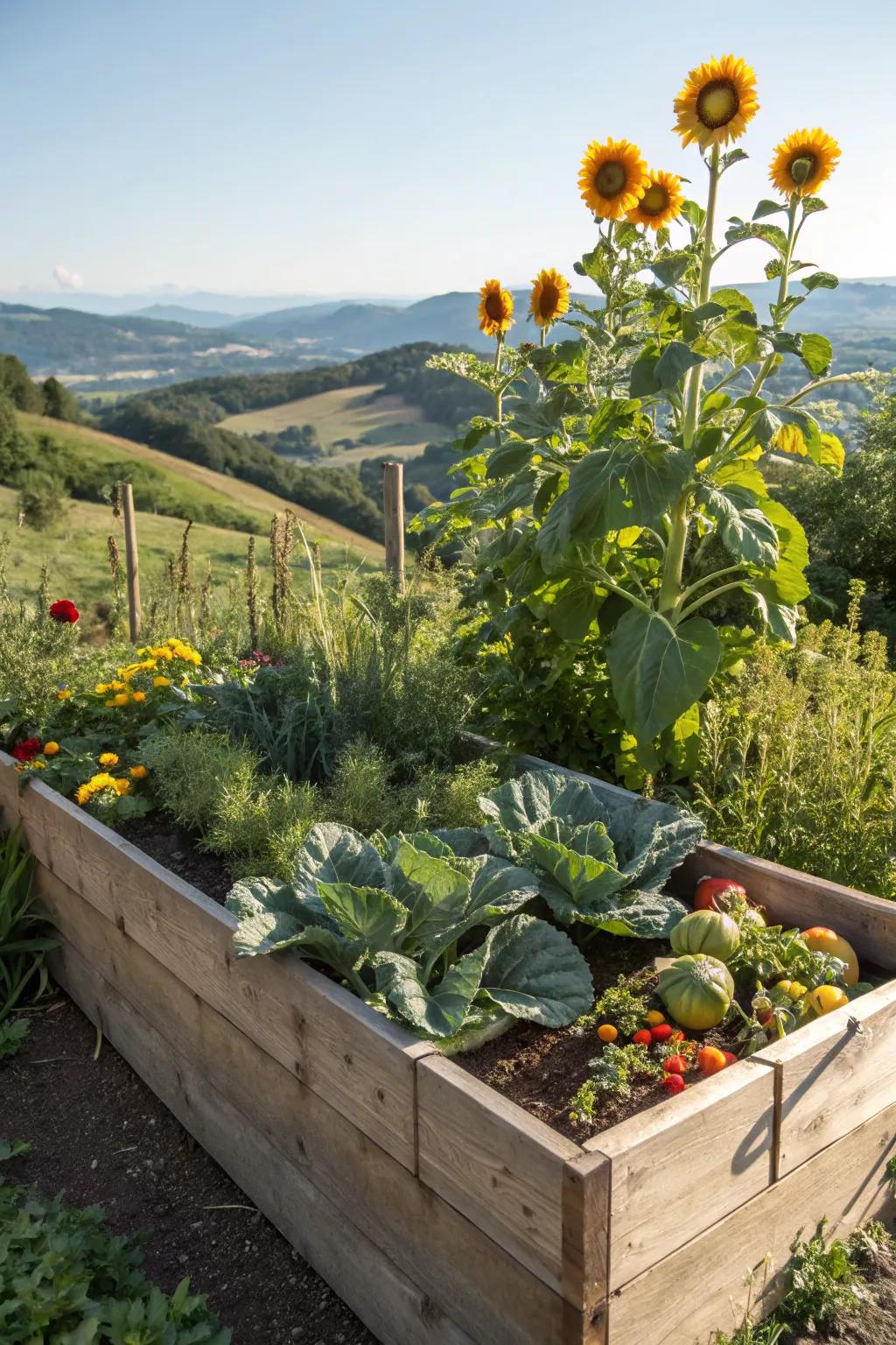 A raised bed showcasing sunflowers alongside fresh garden produce.