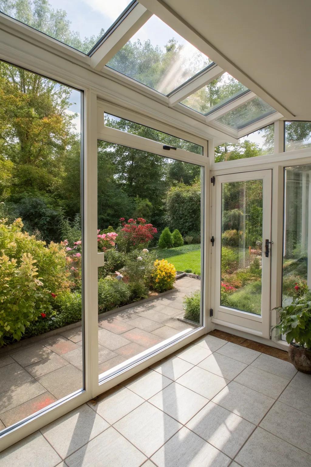 Sunroom with retractable walls blending indoor and outdoor spaces.