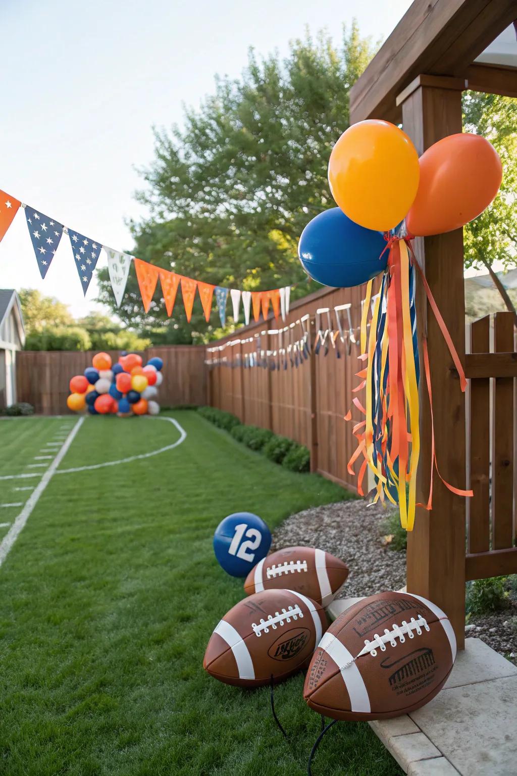 Football-themed decorations set the mood for a tailgate party