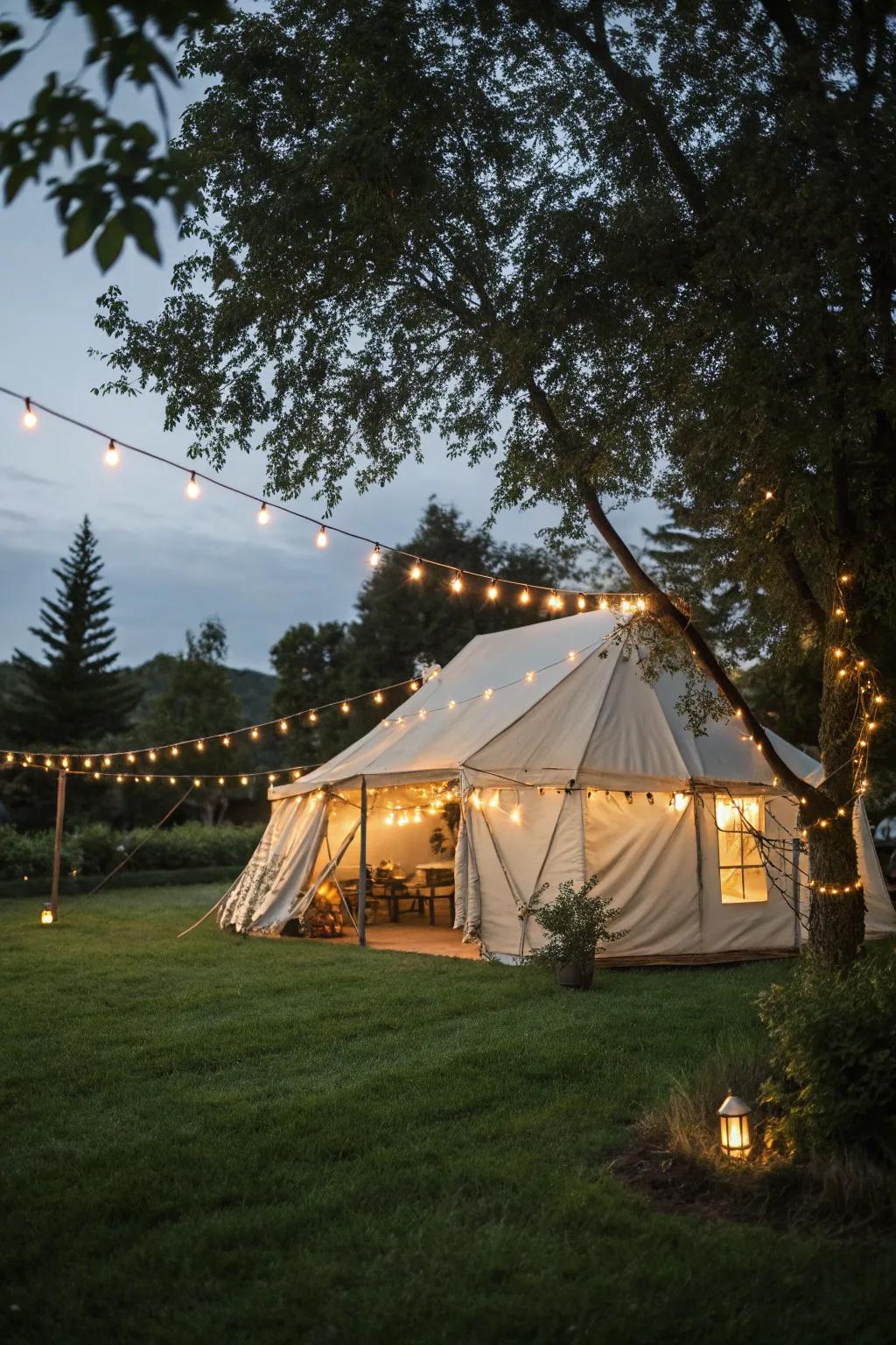 String lights add a magical glow to any backyard tent setup.