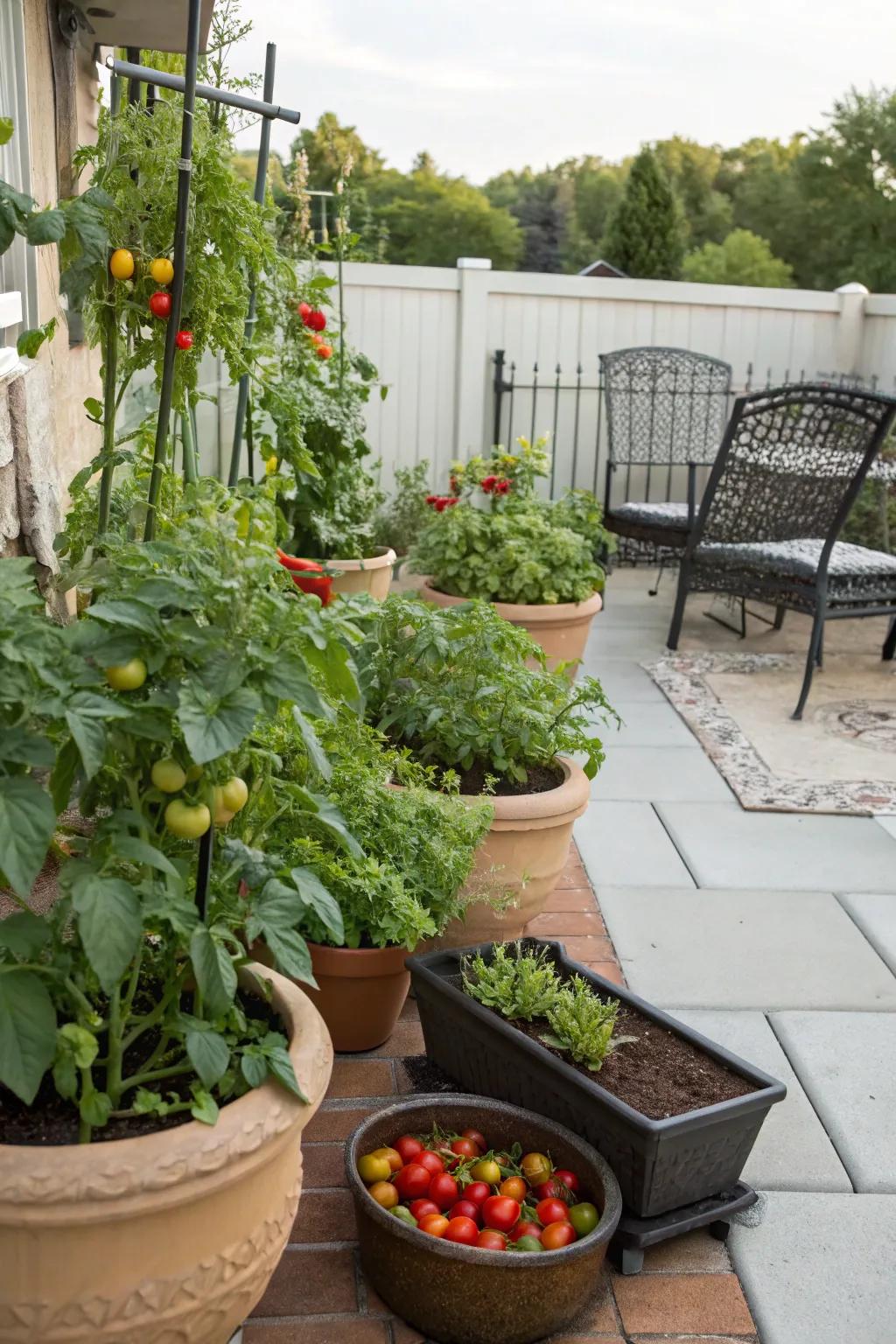 A patio adorned with colorful containers filled with thriving vegetable plants.