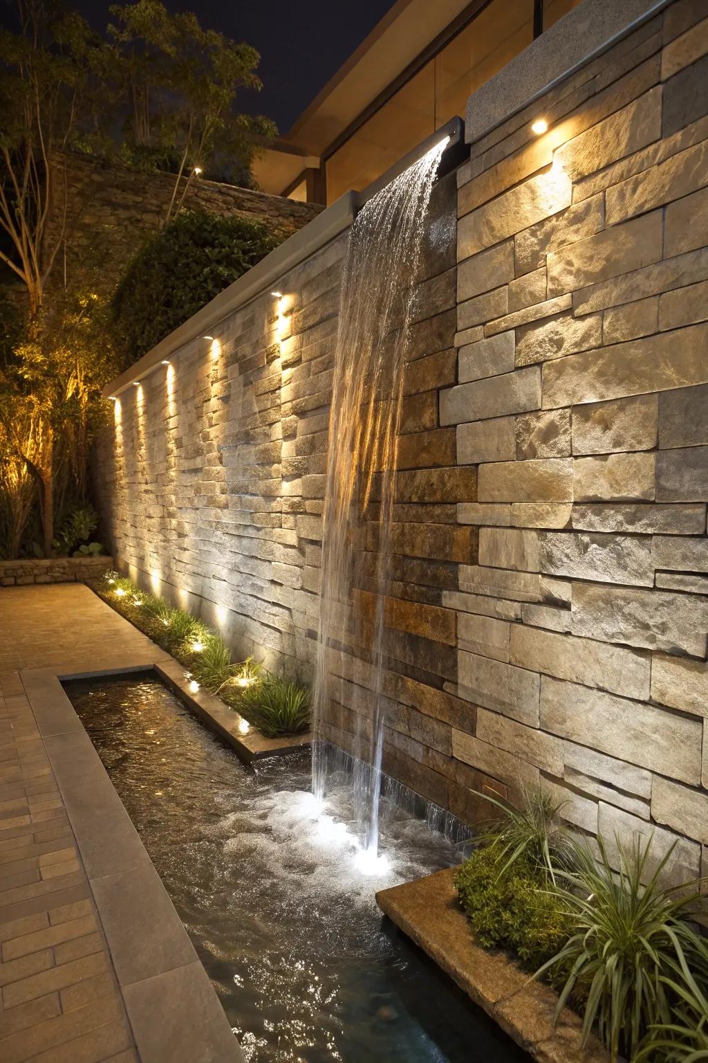 A wall-mounted waterfall enhances any outdoor space with modern elegance.