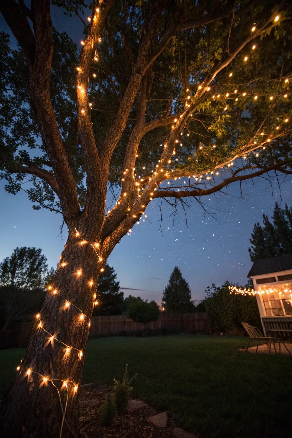 Fairy lights twinkling in the trees bring a magical ambiance to outdoor spaces.