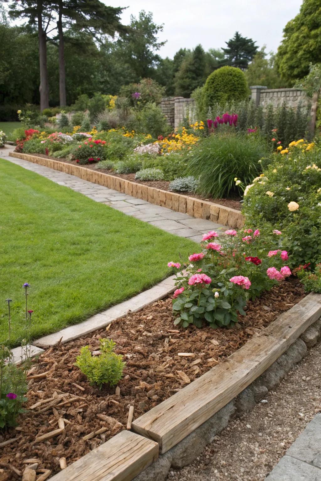 Wood chips used to create clean, defined garden borders.