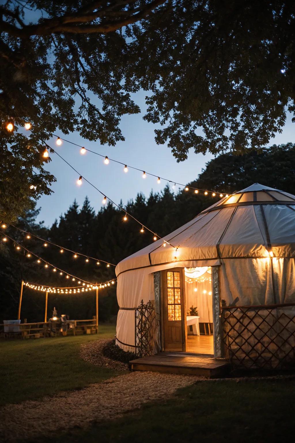 Outdoor lighting adding a magical glow to a yurt.