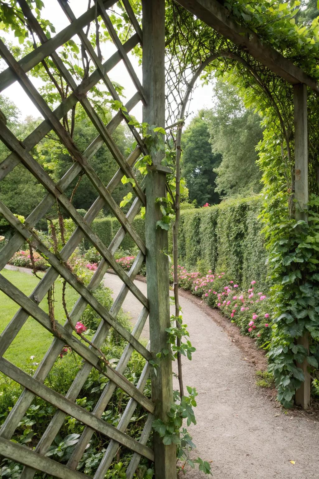 Lattice panels with vines offer a fragrant and colorful barrier.