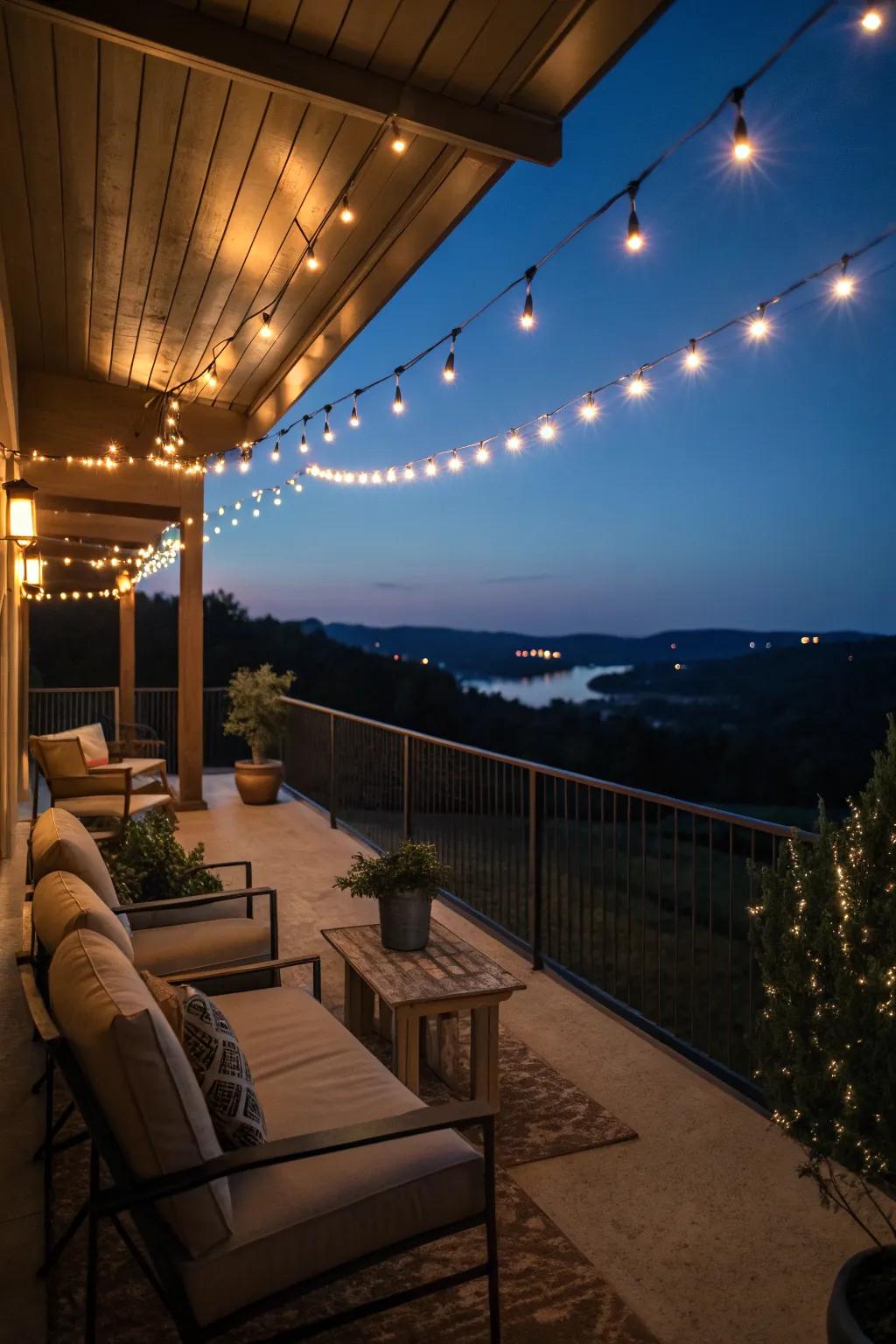 String lights transform your balcony into a magical evening escape.