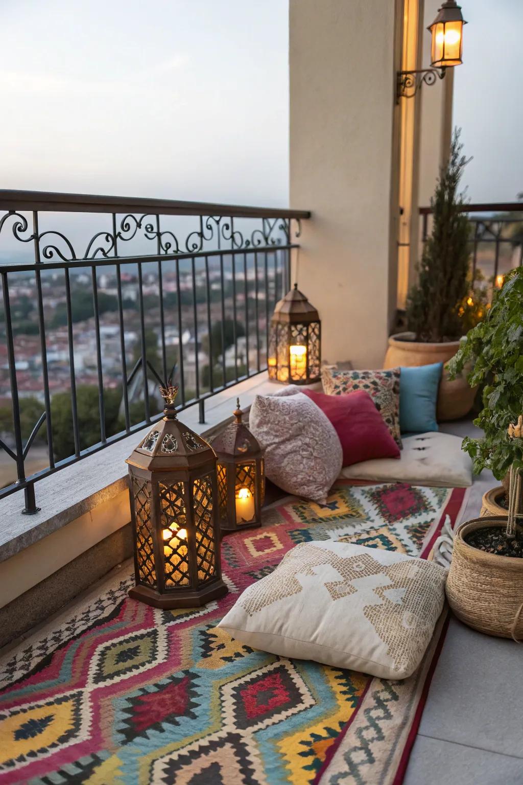 Decor elements add a vibrant touch to the balcony.