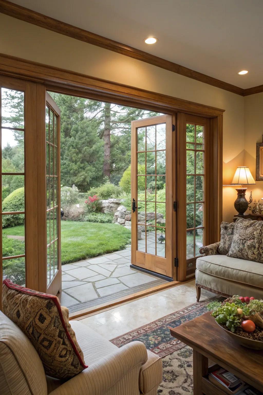 Wooden frames offer a warm and inviting look to balcony doors.