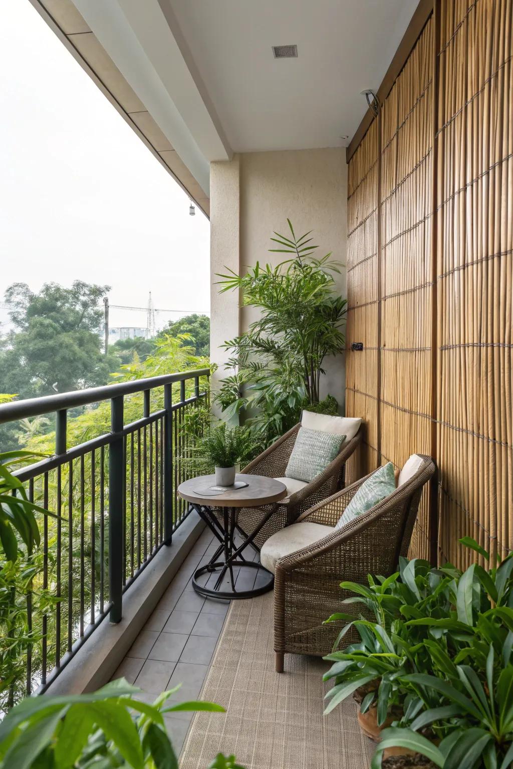 Balcony with bamboo screens offering a private retreat.