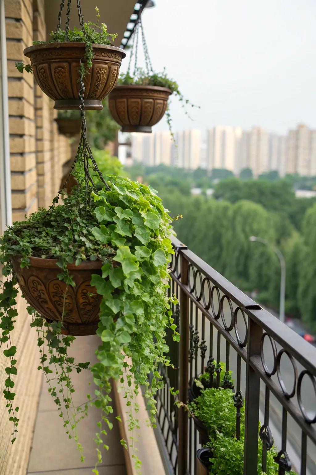 Rail hanging planters maximize space and beauty.