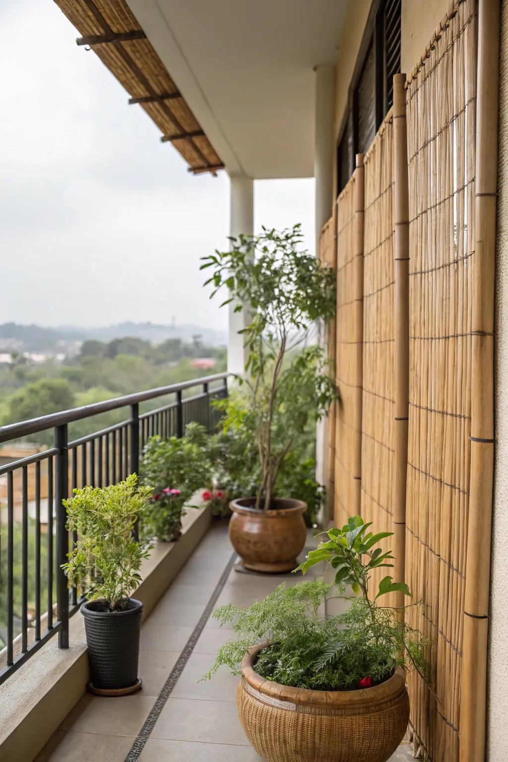 Bamboo screens provide a natural barrier with a touch of rustic charm.