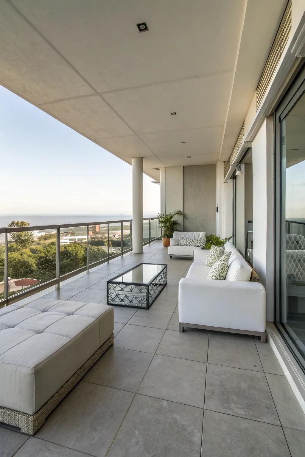 Concrete tiles provide a sleek and modern aesthetic for a minimalist balcony.