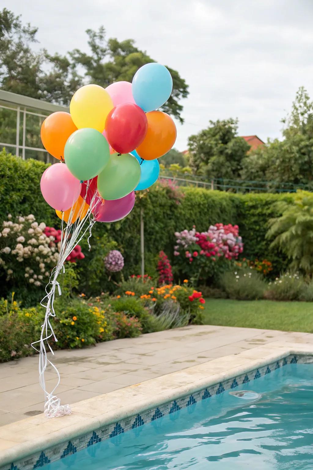 Balloon clusters provide an artistic splash of color by the pool.