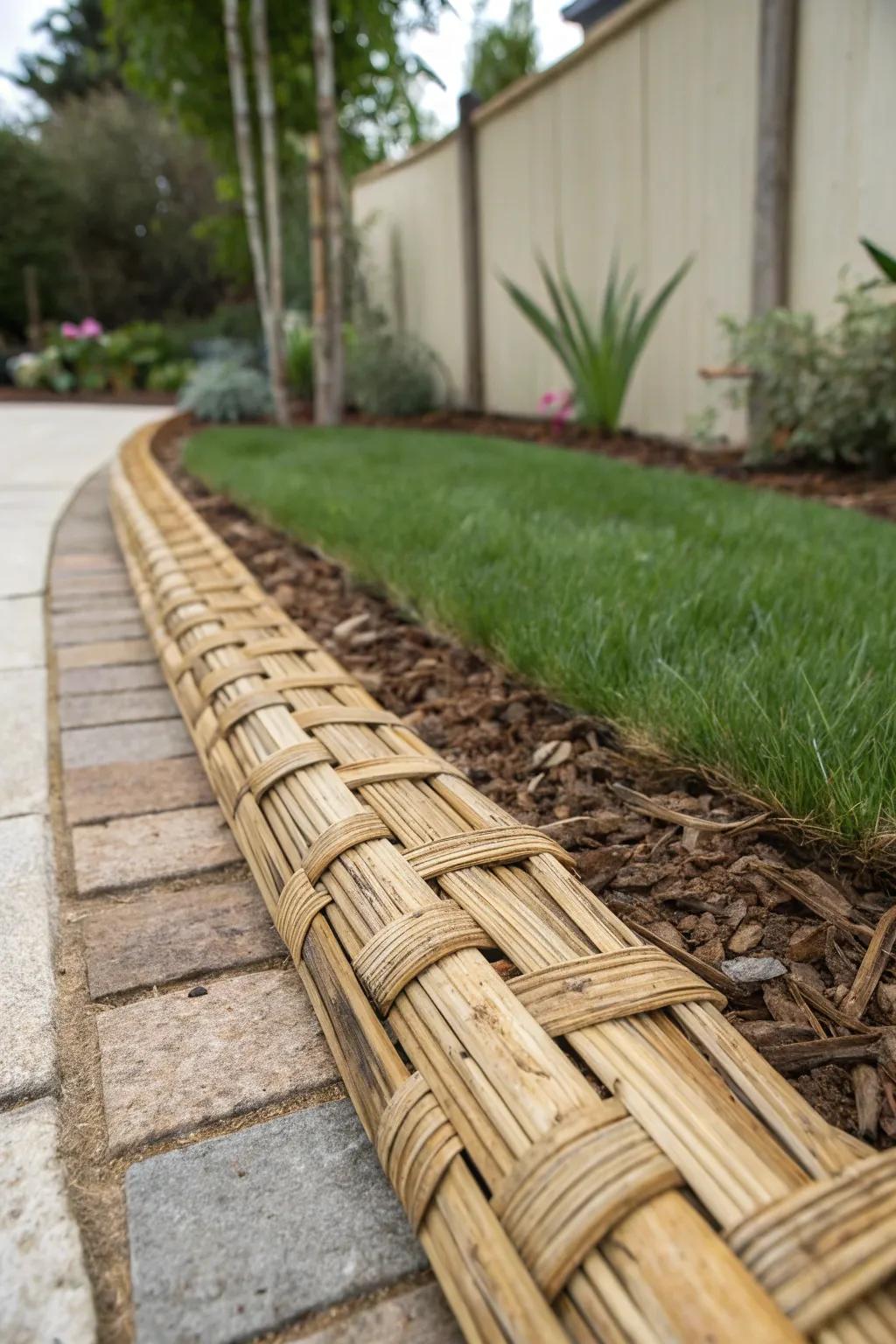 Intricate woven bamboo garden edge.