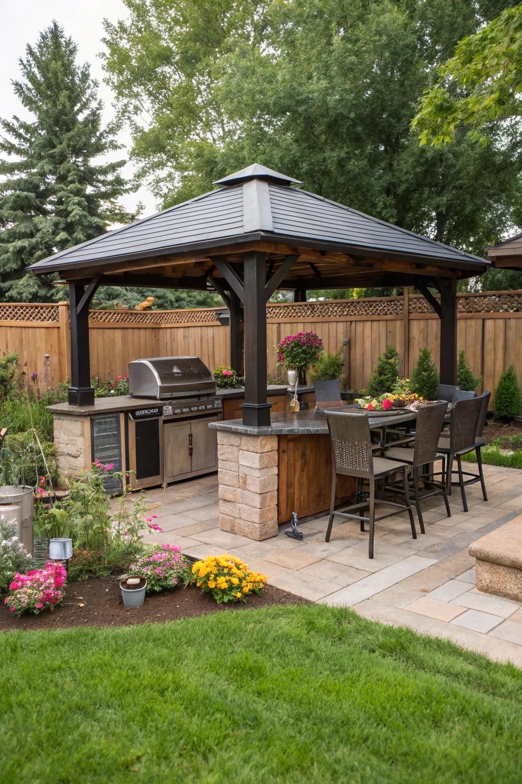 A bar gazebo with a built-in grill for the ultimate BBQ experience.