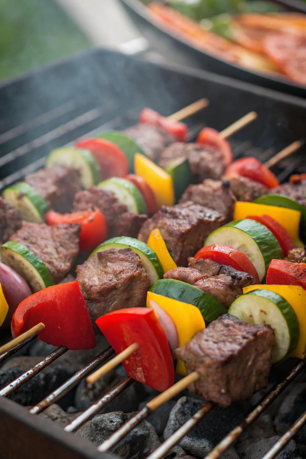 Zesty beef kebabs with a medley of colorful vegetables on the grill.