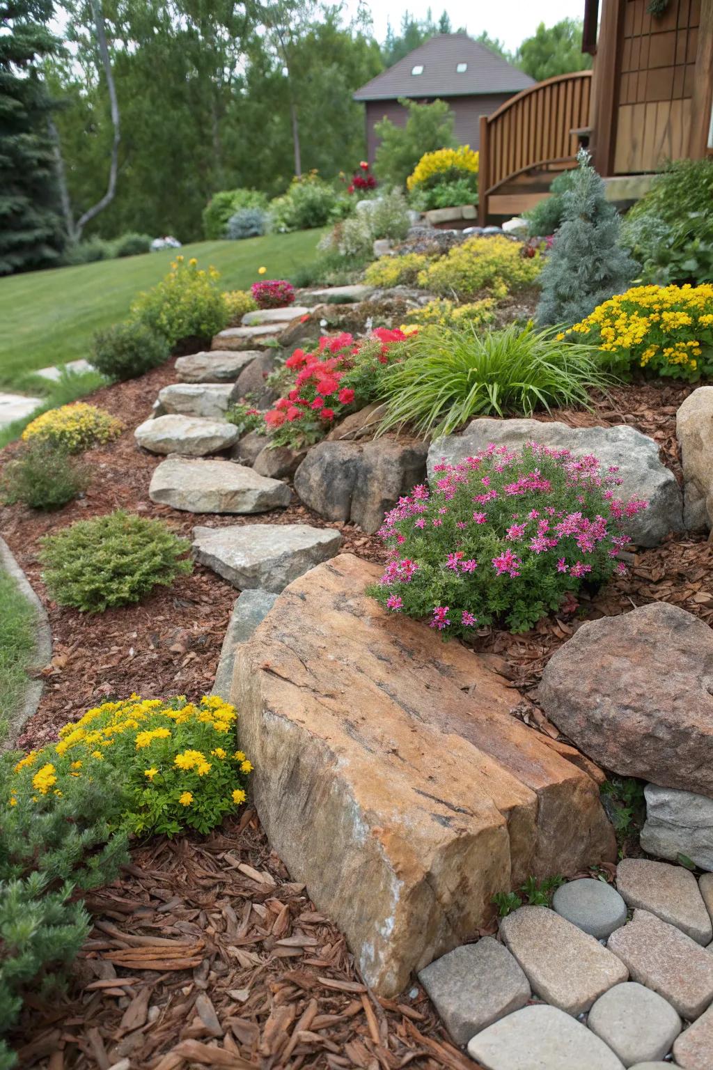 Create stunning contrasts with a rock and bark combination.