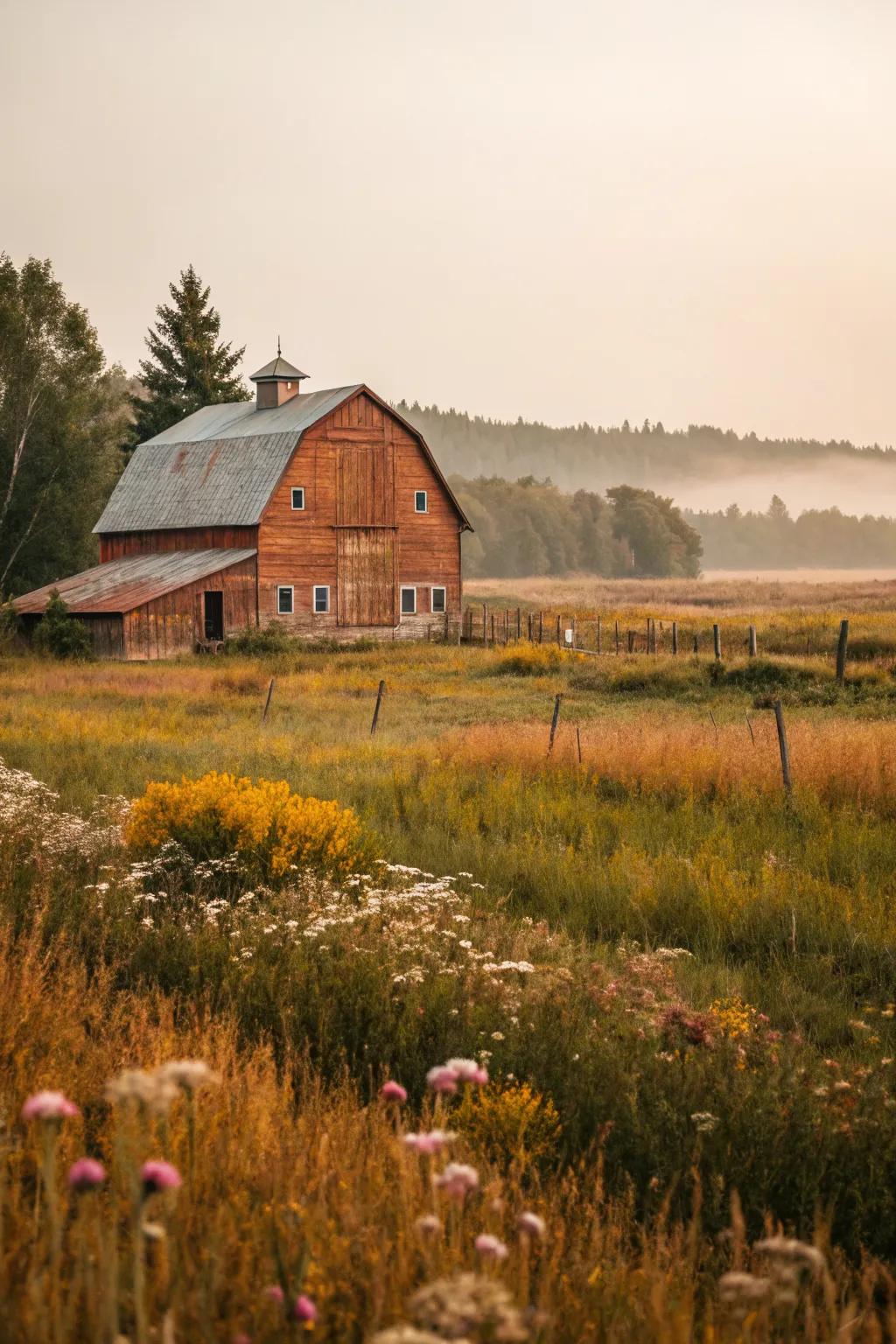 A clay-toned barn nestled into the landscape.