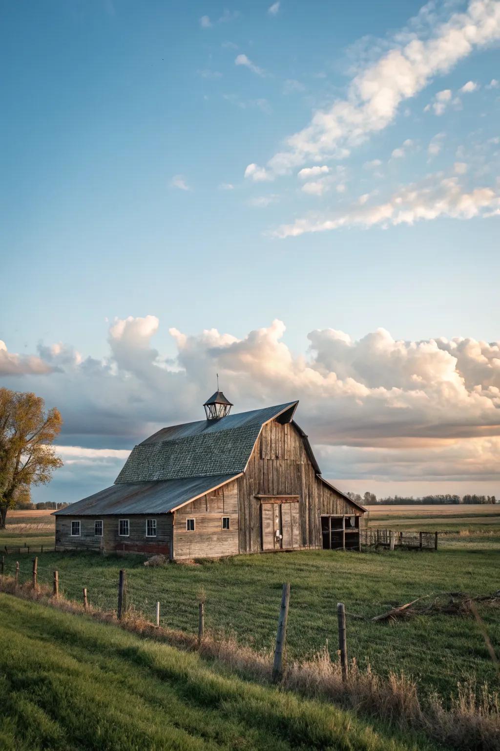 A barn with a gabled roof, adding character and height.
