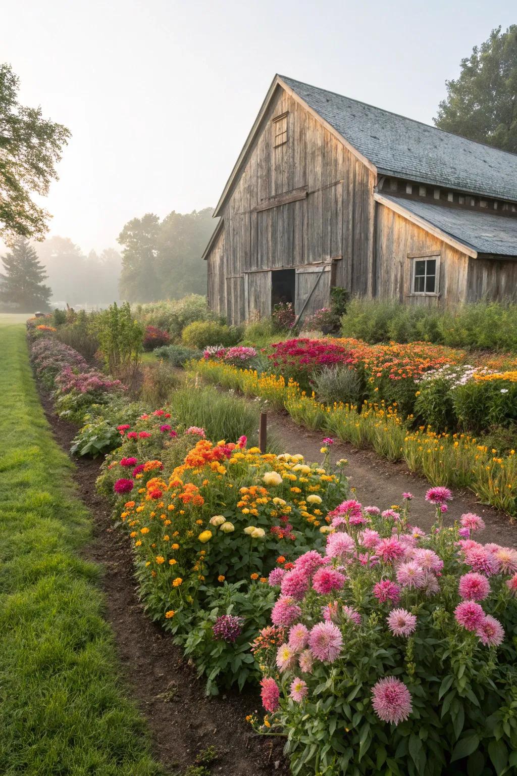 Vibrant flower beds enhance the barn's aesthetic year-round.