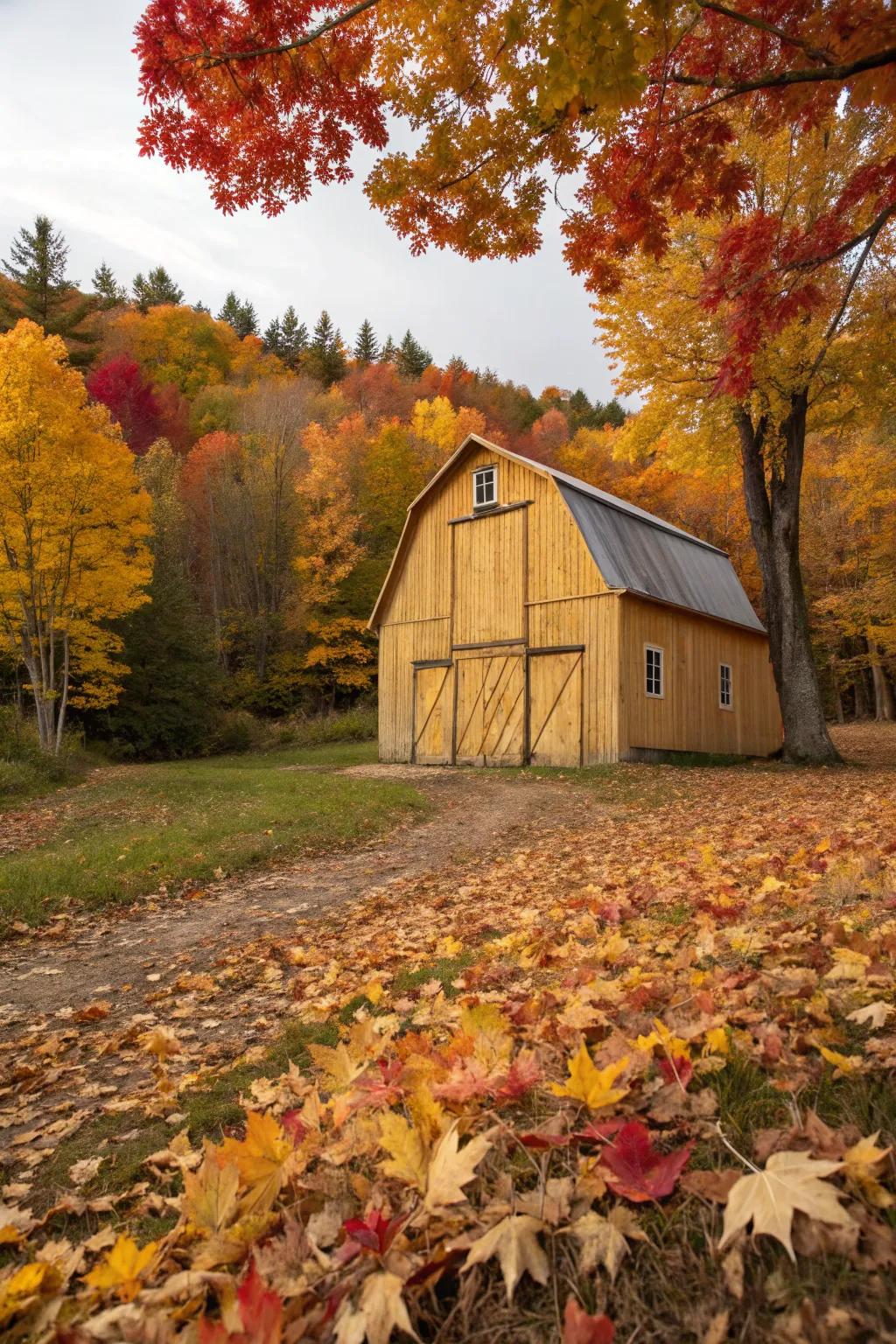 A golden-hued barn amidst a blanket of colorful autumn leaves.