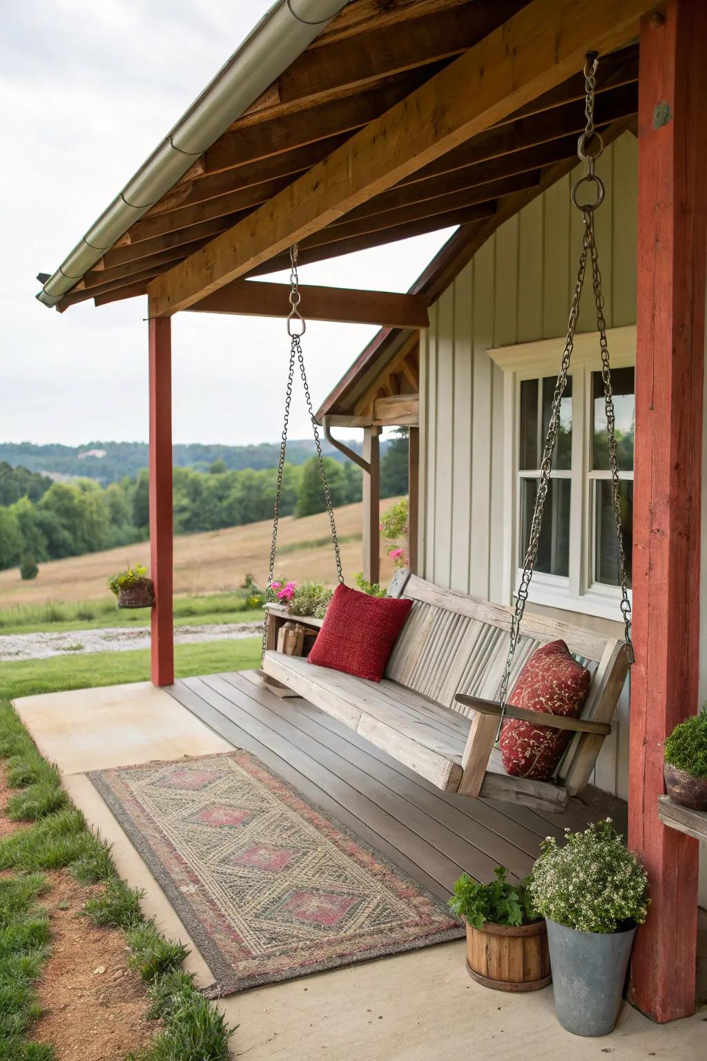 A farmhouse swing on a barn porch, perfect for leisurely afternoons.