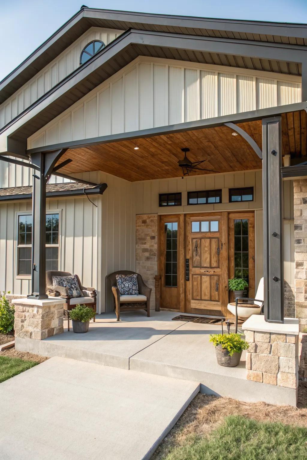 Charming porch and overhang enhancing curb appeal.