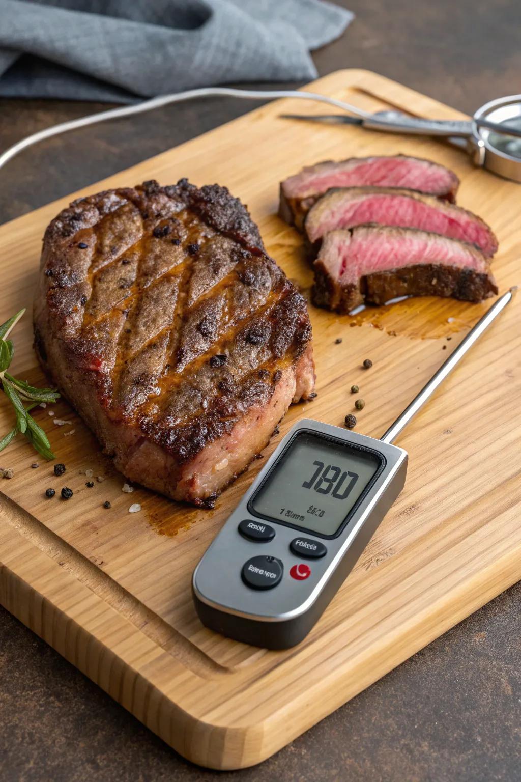 A wireless meat thermometer ensures perfectly cooked meats.
