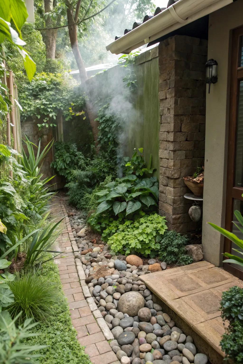 Vertical smoker maximizing space in a lush garden.