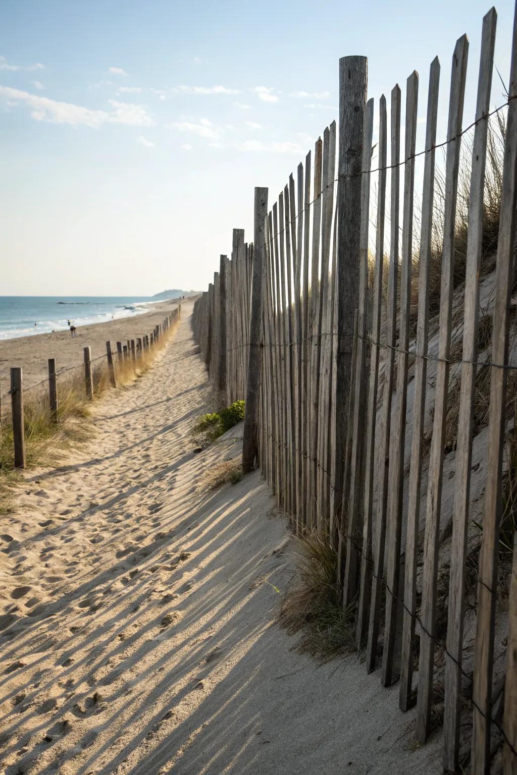 Vertical wooden stakes offer privacy without sacrificing style.