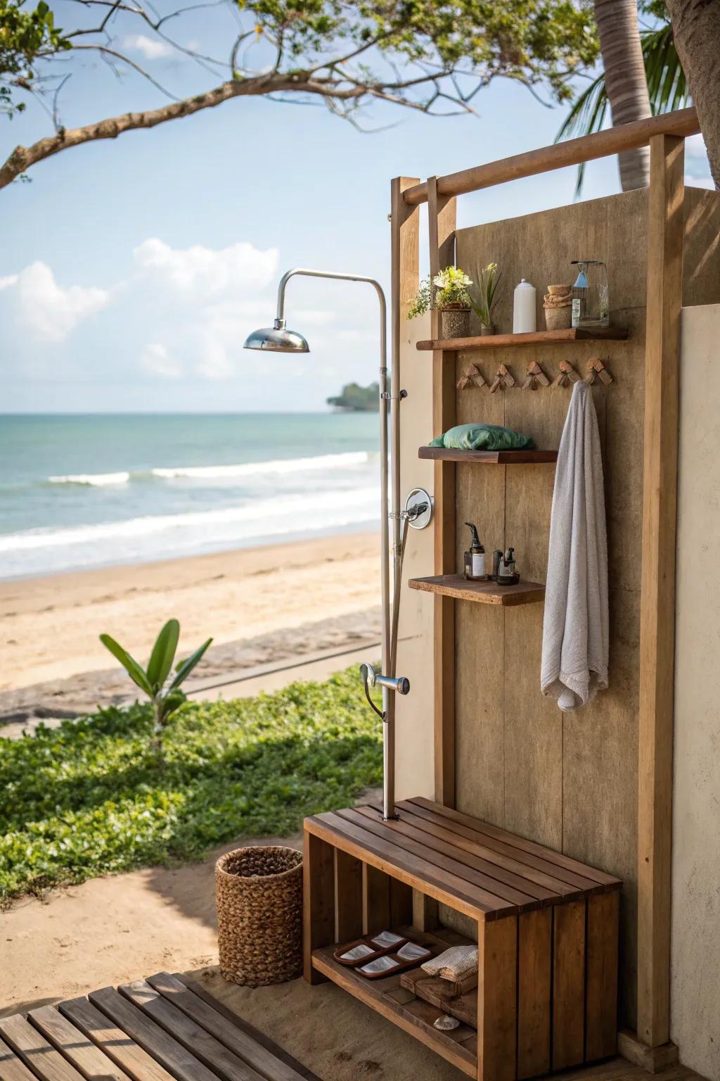 Functional storage solutions make this outdoor shower both practical and stylish.