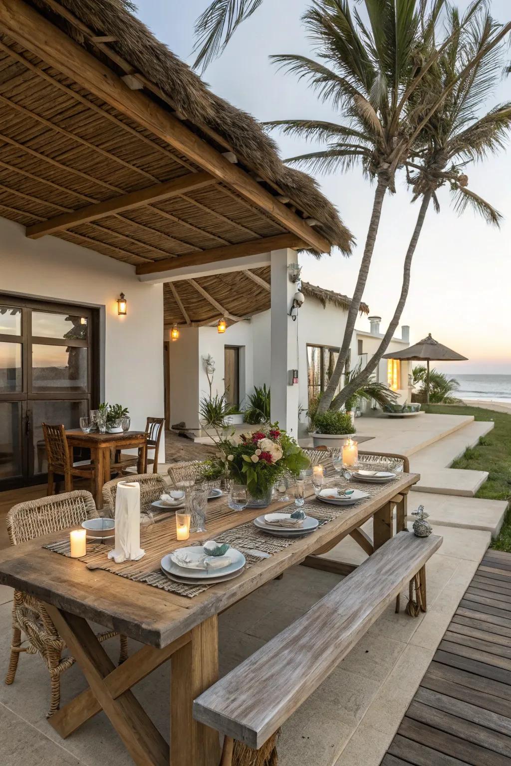 A charming alfresco dining setup on a beach house patio.