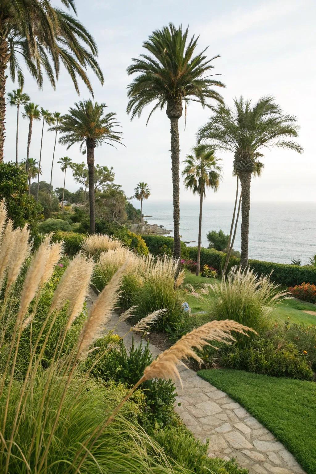 Coastal vegetation like palms and grasses create a tropical feel.