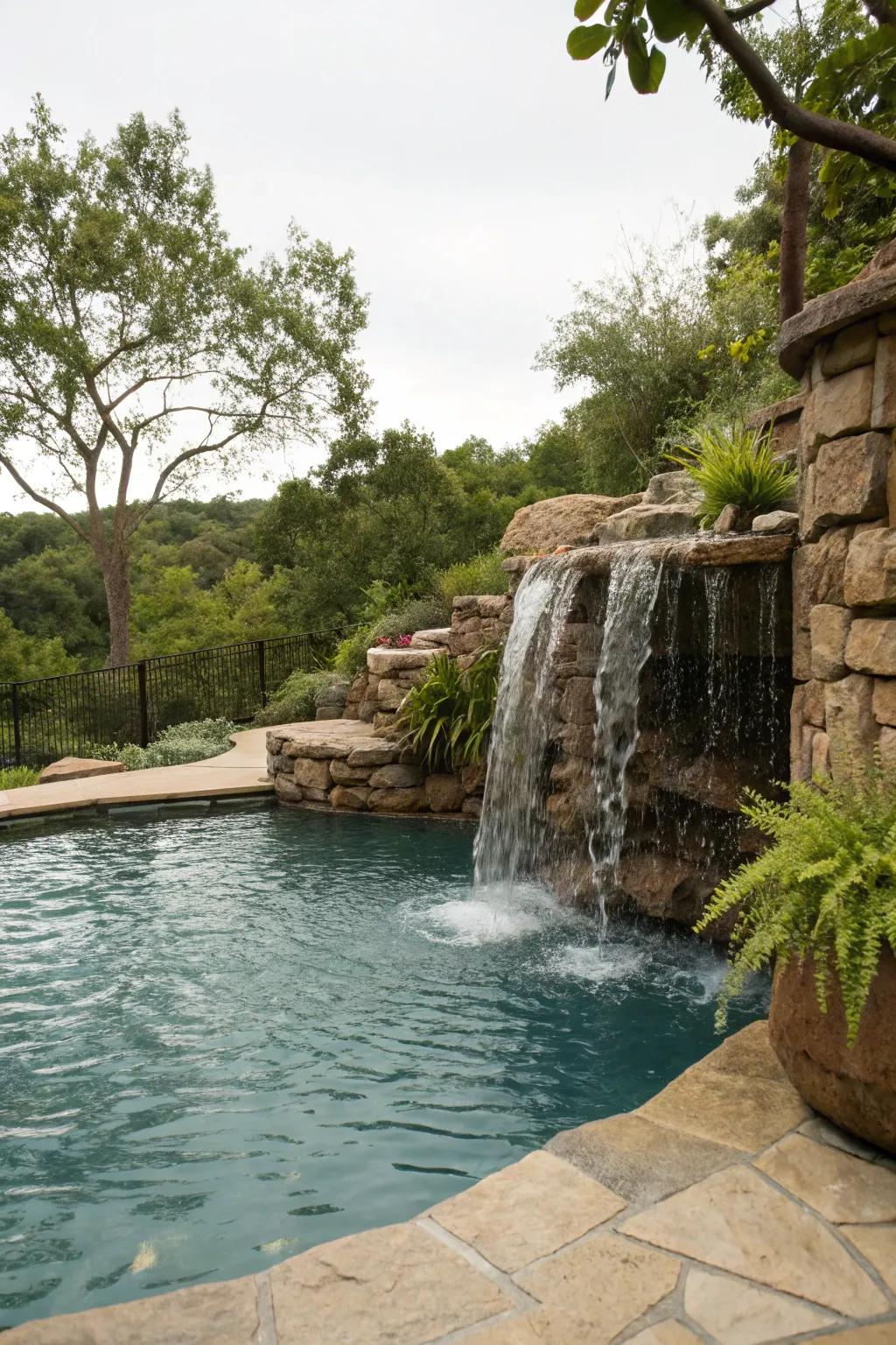 A serene waterfall enhances this beach-style pool
