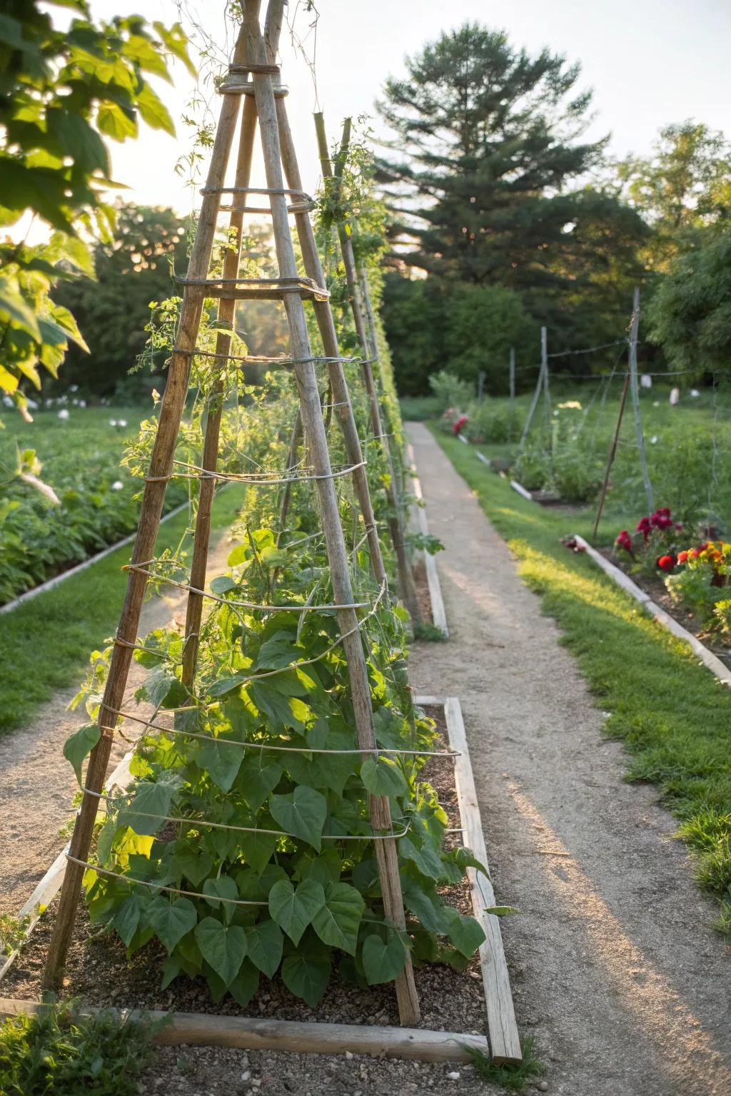 Create a melodic garden scene with harp string supports.