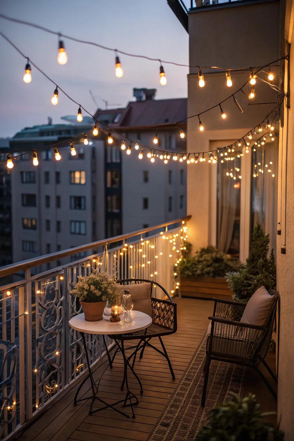 String lights transform your balcony into a twinkling nighttime haven.