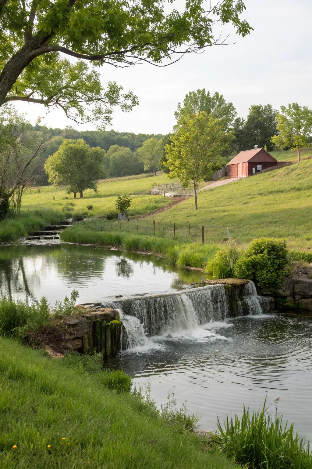 A charming waterfall adds movement and sound to the farm pond.
