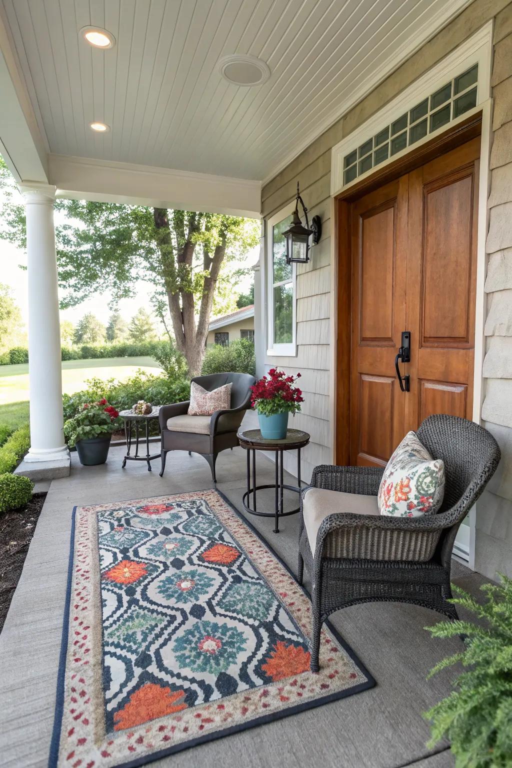 A colorful rug can transform your porch into an inviting space.