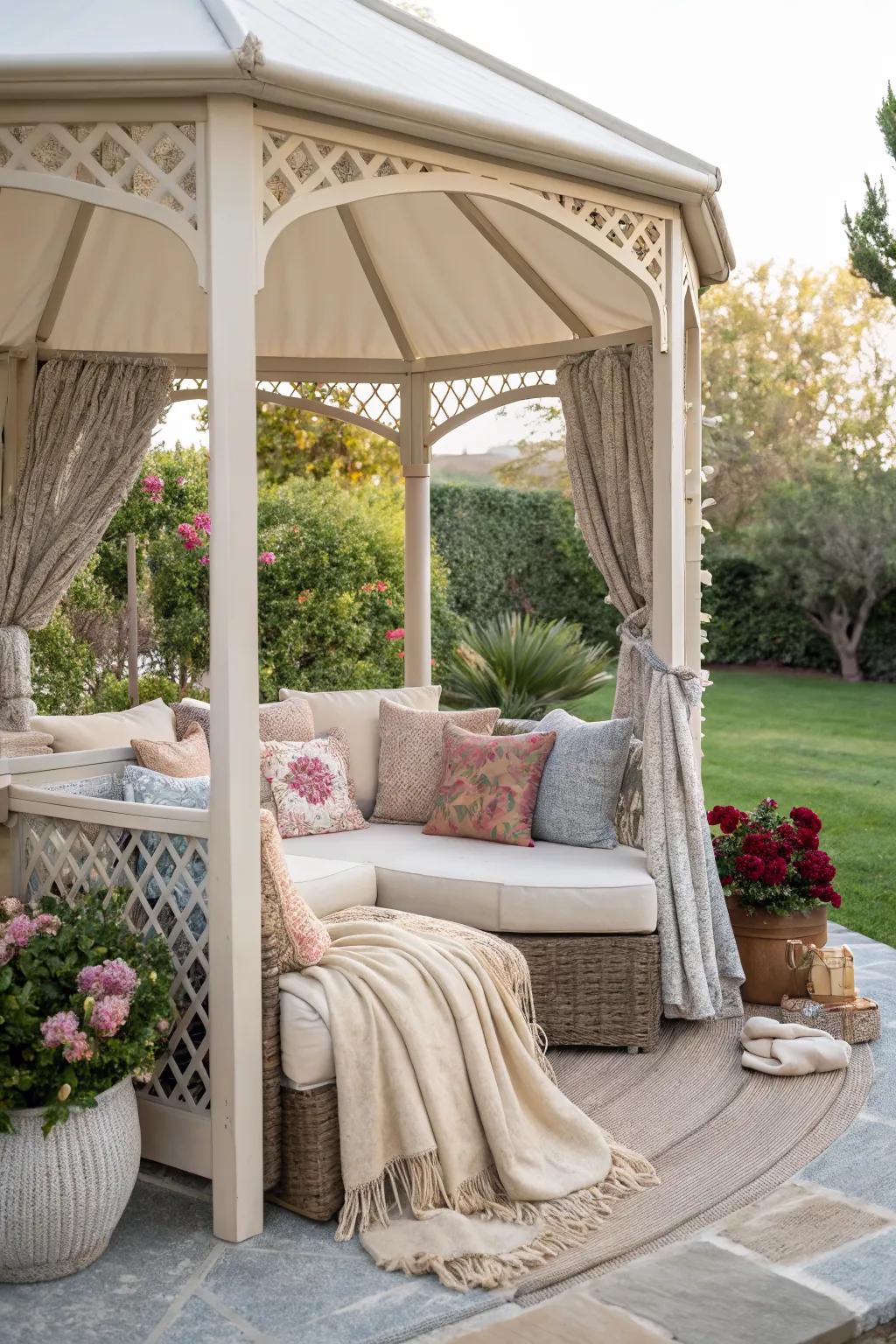 A cozy corner within a gazebo, perfect for lounging.