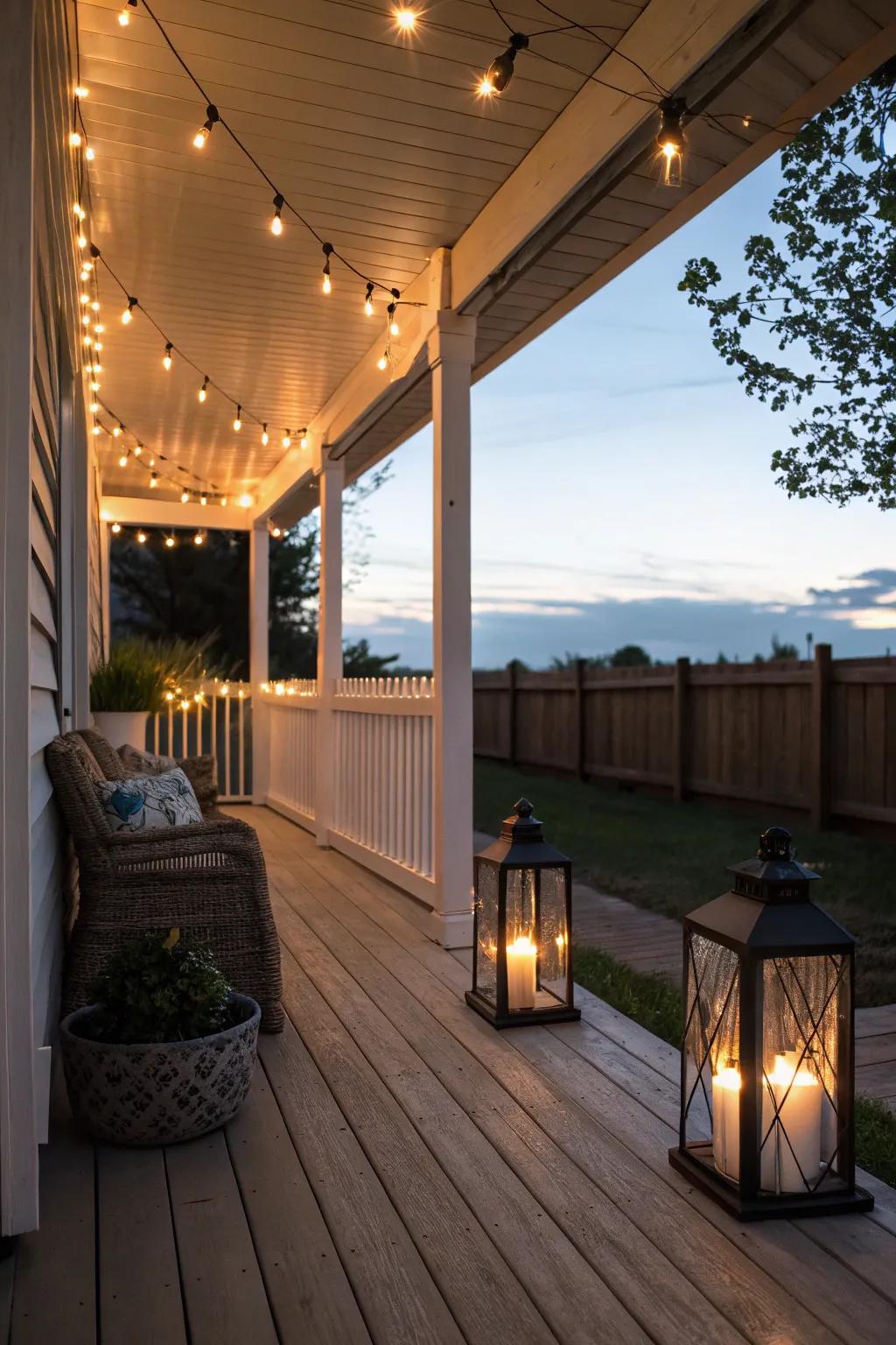 Enchanting lighting setting the mood on the porch.